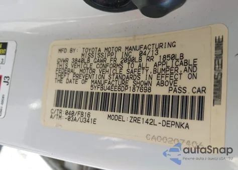 2013 Toyota Corolla Le from USA, damaged, VIN 5YFBU4EE6DP187698
